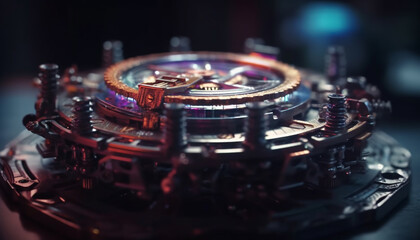 Fototapeta na wymiar Precision engineering antique clockworks turning on metallic machinery at night generated by AI
