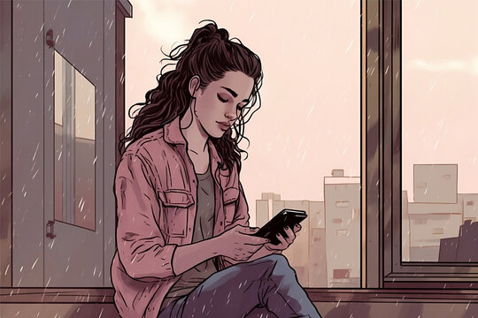 A woman sits in a window and looks at her phone. Generative AI