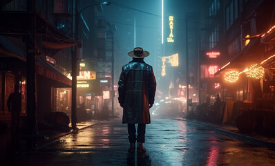 A cowboy walks down a night street in an Asian city, Generated AI - obrazy, fototapety, plakaty