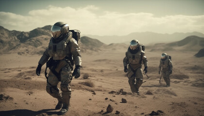 Men in uniform hike through dangerous mountain terrain with rifles generated by AI