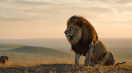 Plakat Animal Power - Creative and wonderful full body picture of a male lion sitting in the steppes of Africa that is as true to the original and photo-like as possible