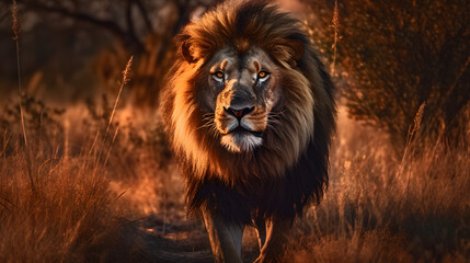 Fototapeta premium Animal Power - Creative and wonderful full body picture of a male lion walking in the steppes of Africa that is as true to the original and photo-like as possible