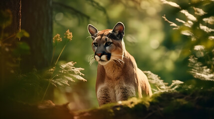 Animal Power - Creative and wonderful full body picture of a male puma in a forest at midday  true to the original and photo like