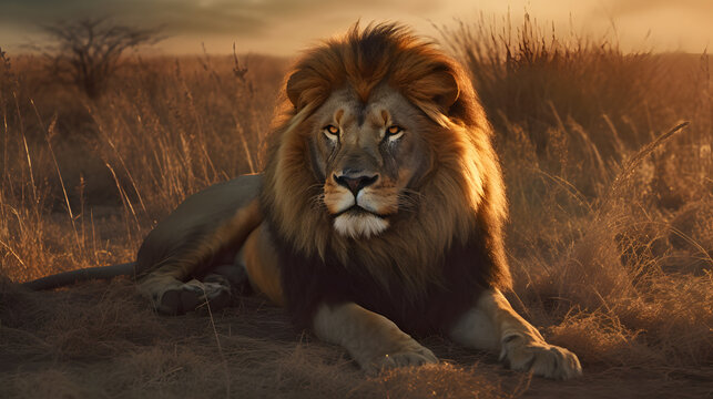 Animal Power - Creative and wonderful full body picture of a male lion lying in the steppes of Africa that is as true to the original and photo-like as possible
