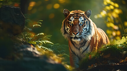 Animal Power - Creative and wonderful colored image of a tiger standing in the jungle at noon, as true to the original as possible and photo-like