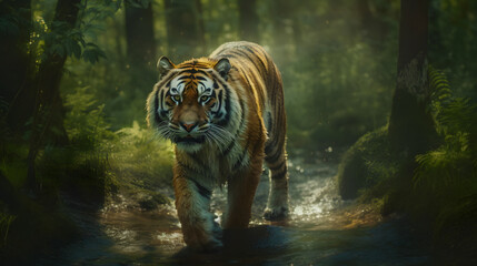 Animal Power - Creative and wonderful colored image of a tiger walking in the jungle at noon, as true to the original as possible and photo-like