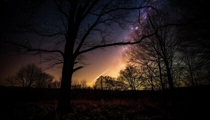 Silhouette of spooky tree against glowing Milky Way galaxy backdrop generated by AI