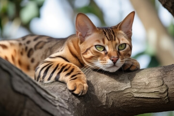 Obraz premium portrait of bengal cat laying on the branch of tree in Summer day, created with Generative AI Technology