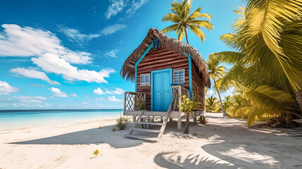 beautiful wooden hut on a caribbean beach with turquoise water and palm trees