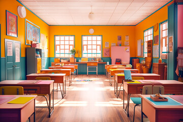 The interior of school classroom in bright colors in cinematographic style. Back to school. Generative AI content