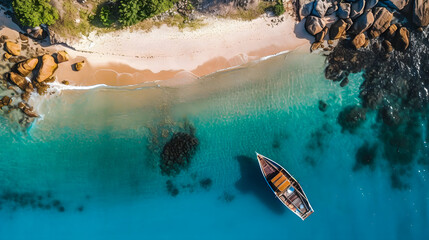 droneview on paradisian caribbean beach with turquoise water and palm trees and a single wooden boat in the water near the shore - obrazy, fototapety, plakaty