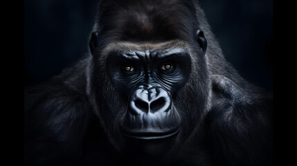 Fototapeta premium Animal Power -Creative and gorgeous colored frontal portrait of a male gorilla against a dark background that is as true to the original as possible and photo-like