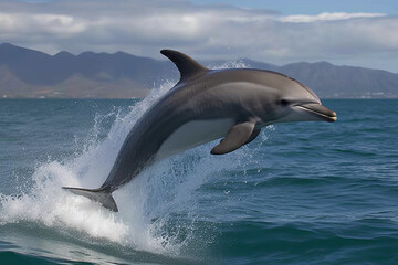 Fototapeta premium dolphin jumping from sea water over ocean wave, created with Generative AI Technology
