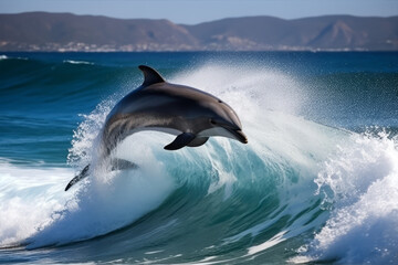 Fototapeta premium dolphin jumping from sea water over ocean wave, created with Generative AI Technology