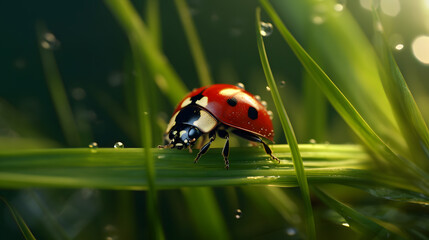 Obraz premium macro shots of a cute ladybug sitting on a blade of grass
