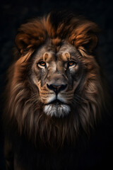 Fototapeta premium Animal Power - Creative and wonderful colored portrait of a male lion in front of a dark background that is as true to the original as possible and photo-like