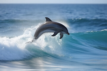 Fototapeta premium dolphin jumping from sea water over ocean wave, created with Generative AI Technology