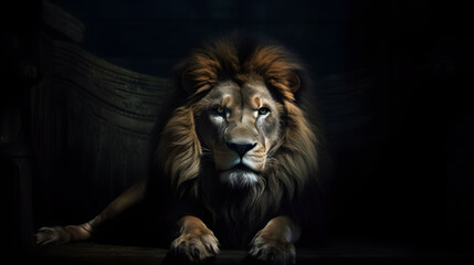 Animal Power - Creative and wonderful colored full body of a male lion in front of a dark background that is as true to the original as possible and photo-like