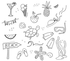 Summer icons cute doodle set. Line drawn, hand drawn elements. Beach, tropical palm leaves, fruits, pineapple, watermelon, ice cream, crab, shell.   Summertime elements.