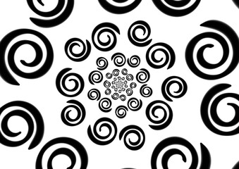 black and white pattern with spiral hand drawing on white background