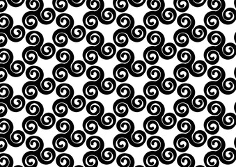 black and white pattern with spiral hand drawing on white background