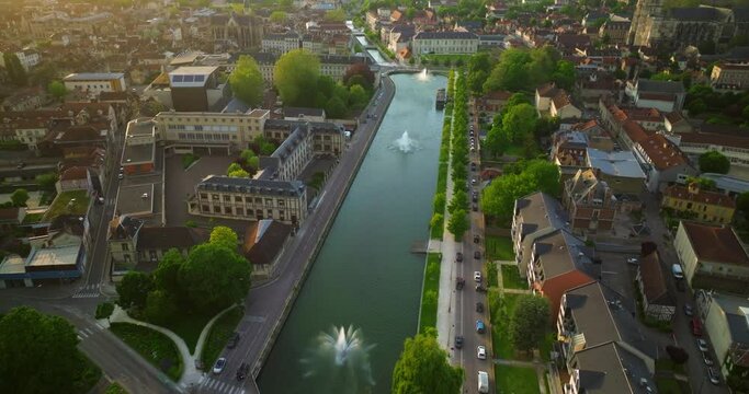Drone view of the ancient and beautiful French medieval city of Troyes with beautiful architecture and history. Very old houses filmed from a drone. Roofs of houses in the French city. Aerial view