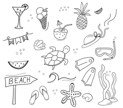 Summer icons cute doodle set. Line drawn, hand drown elements. Beach, tropical palm leaves, fruits, pineapple, watermelon, ice cream, crab, shell.   Summertime elements.