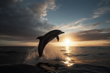 dolphin jumping from sea water over ocean wave, created with Generative AI Technology