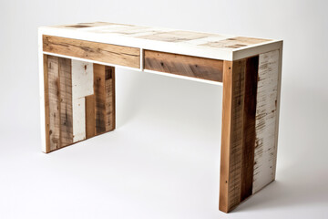 Minimalist desk made from reclaimed wood with a clean, white backdrop