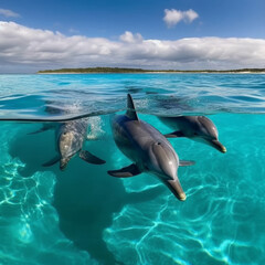 Group of three dolphins underwater in clear ocean, created with Generative AI Technology