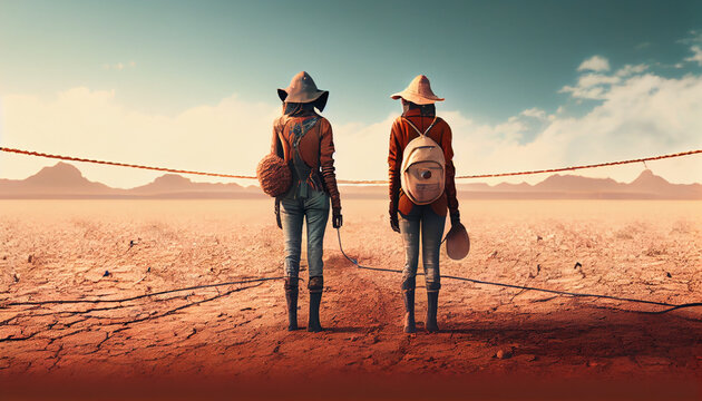 Back view of women standing on dry soil Ai generated image