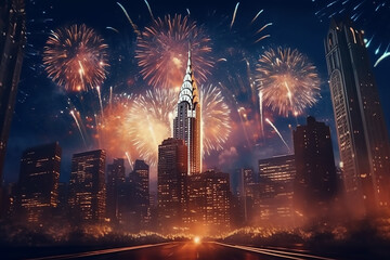 Colorful fireworks on the background of the New York night sky. Festive celebration of Independence Day. Generative AI