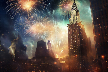 Colorful fireworks on the background of the New York night sky. Festive celebration of Independence Day. Generative AI