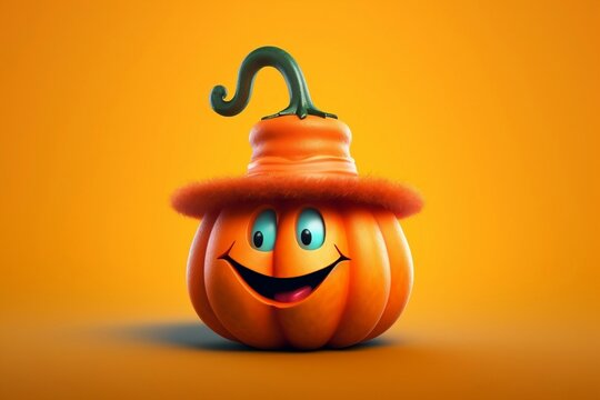 Cheerful cartoon pumpkin with a stylish hat. AI