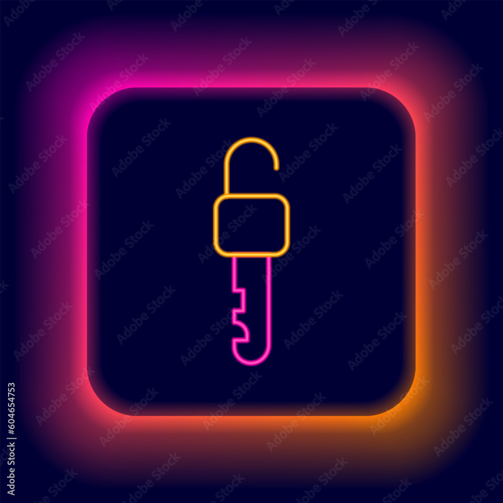 Sticker glowing neon line unlocked key icon isolated on black background. colorful outline concept. vector