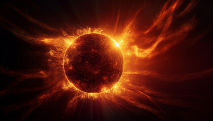 Obraz premium Glowing nebula explodes in abstract sphere of burning natural phenomenon generated by AI