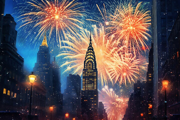 Colorful fireworks on the background of the New York night sky. Festive celebration of Independence Day. Generative AI - obrazy, fototapety, plakaty