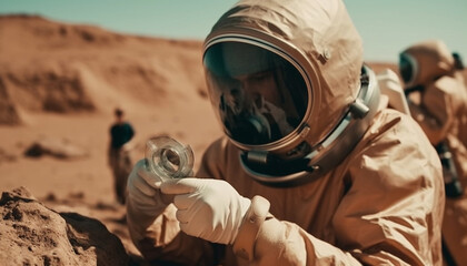 One person, outdoors, working scientist holding protective equipment for research generated by AI