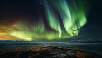 Majestic mountain range illuminated by aurora polaris in winter night generated by AI