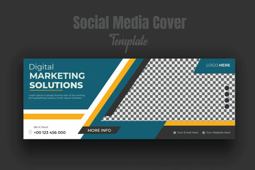 Digital marketing agency business solution timeline cover page or web banner template photo space modern layout dark blue and orange geometric shapes white background for multipurpose