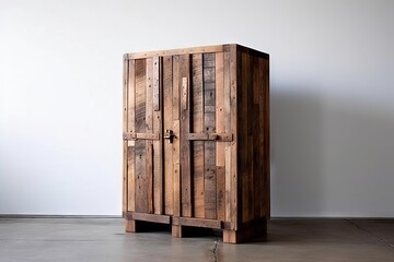 Simple and functional reclaimed wood storage cabinet against a pristine white wall