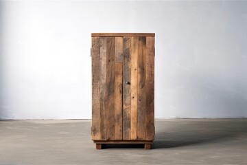 Simple and functional reclaimed wood storage cabinet against a pristine white wall