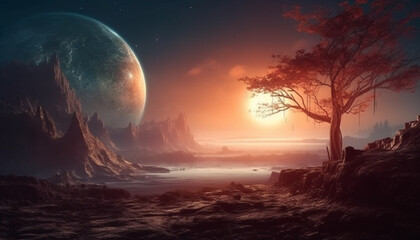 Midnight mystery a fantasy landscape with glowing galaxy and nebula generated by AI