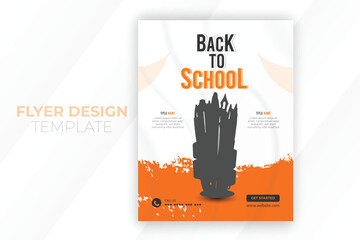 Back to School admission flyer poster template for kids education, modern and creative online school admission poster with abstract orange color shape, book covers, leaflets, brochures