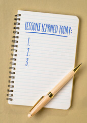 lessons learned today, a list in a notebook or journal, journaling concept
