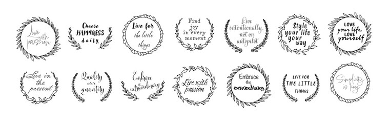 set of 14 hand written lettering positive and motivational quotes, inspiration stickers, positive lettering and monogram vector collection 