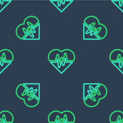 Line Heart rate icon isolated seamless pattern on blue background. Heartbeat sign. Heart pulse icon. Cardiogram icon. Vector