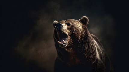 Animal Power - Creative and wonderful colored frontal portrait of a roaring bear like male grizzly in front of a dark background that is as true to the original as possible and photo-like