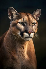 Animal Power - Creative and wonderful portrait  of a male puma against dark background in detail true to the original and photo like