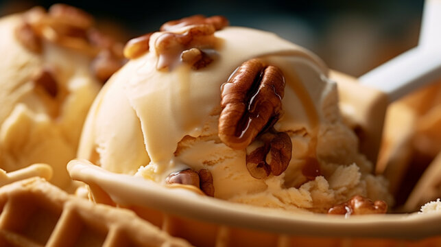A scoop of vanilla ice cream with walnuts on top